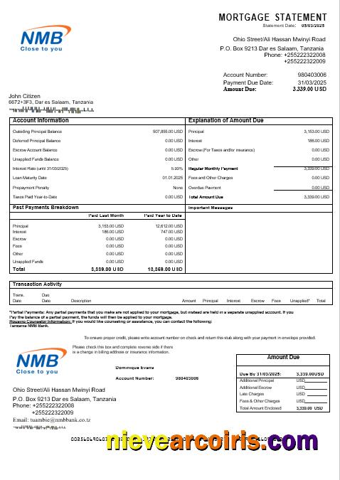 Tanzania NMB Bank mortgage statement